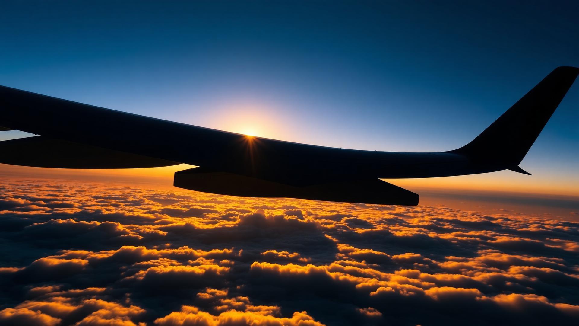Airplane wing above clouds at sunrise